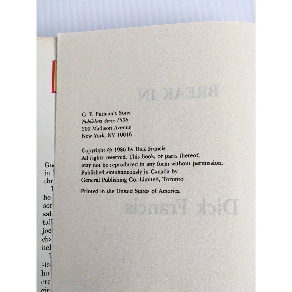 Break In by Dick Francis Hardcover 1986 Book Club Edition Mystery Thriller Novel - Picture 7 of 9